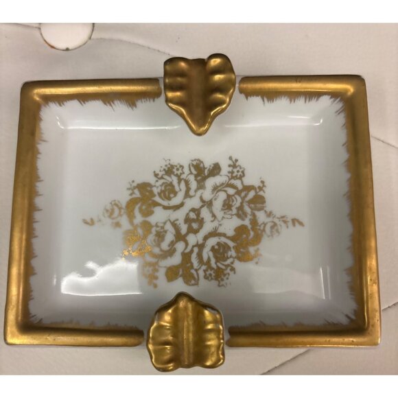 Vintage Porcelain Gold-Trim Ashtray Dish With Floral Design France Hand Painted - Picture 2 of 11